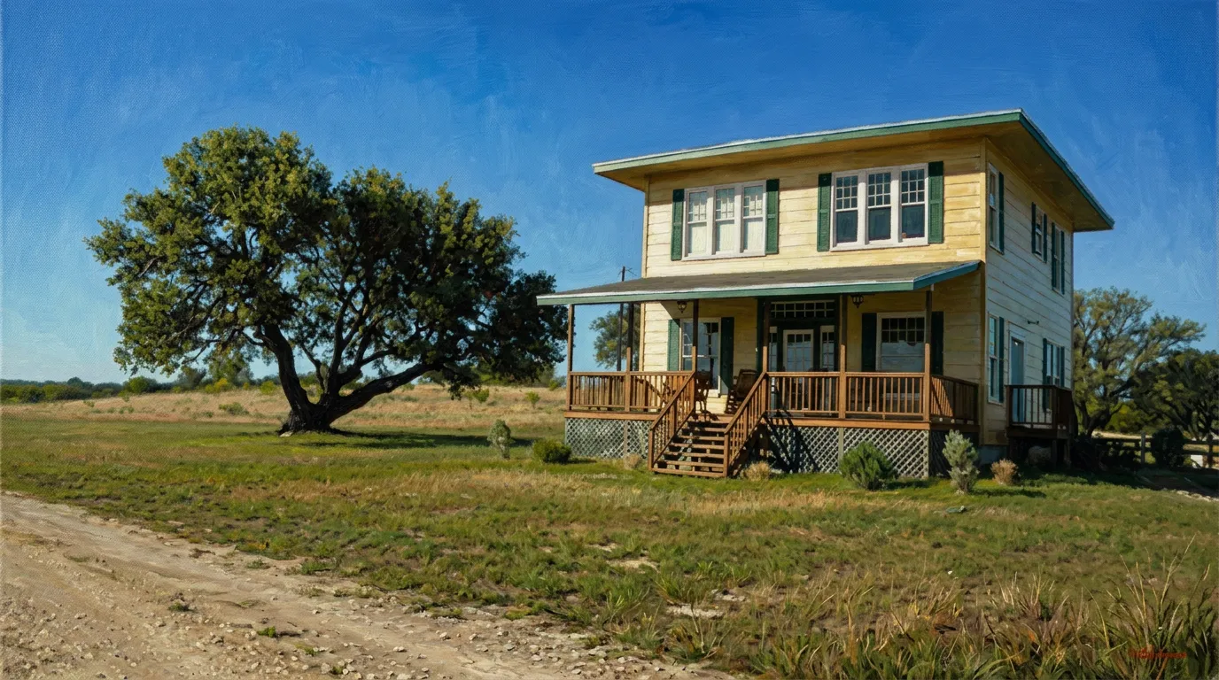 Stone hunting lodge exterior at sunset
