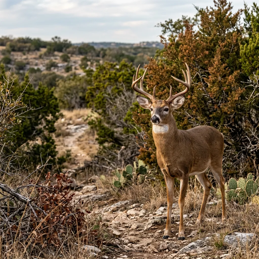 Trophy white-tailed buck in autumn grass at dusk