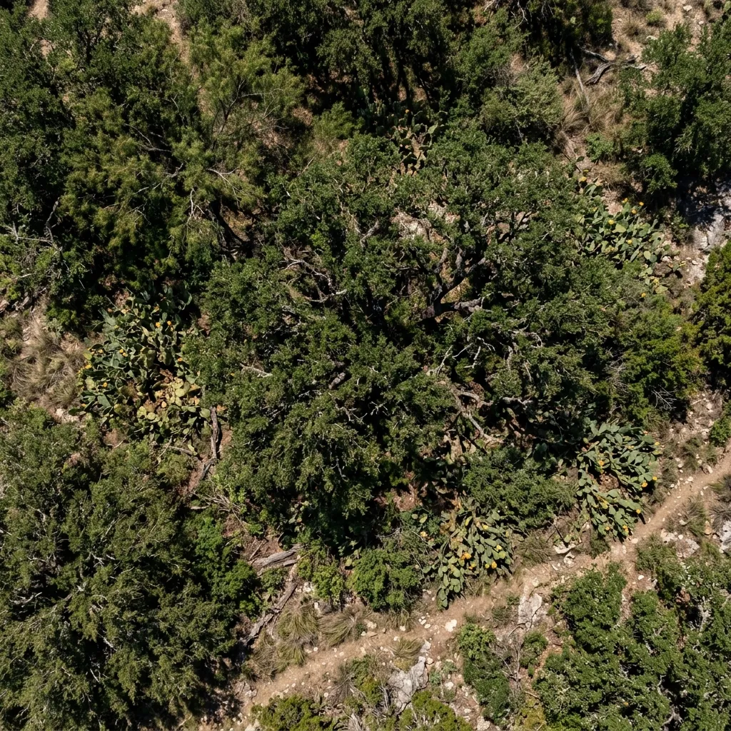 Dense live oak and red oak forest canopy
